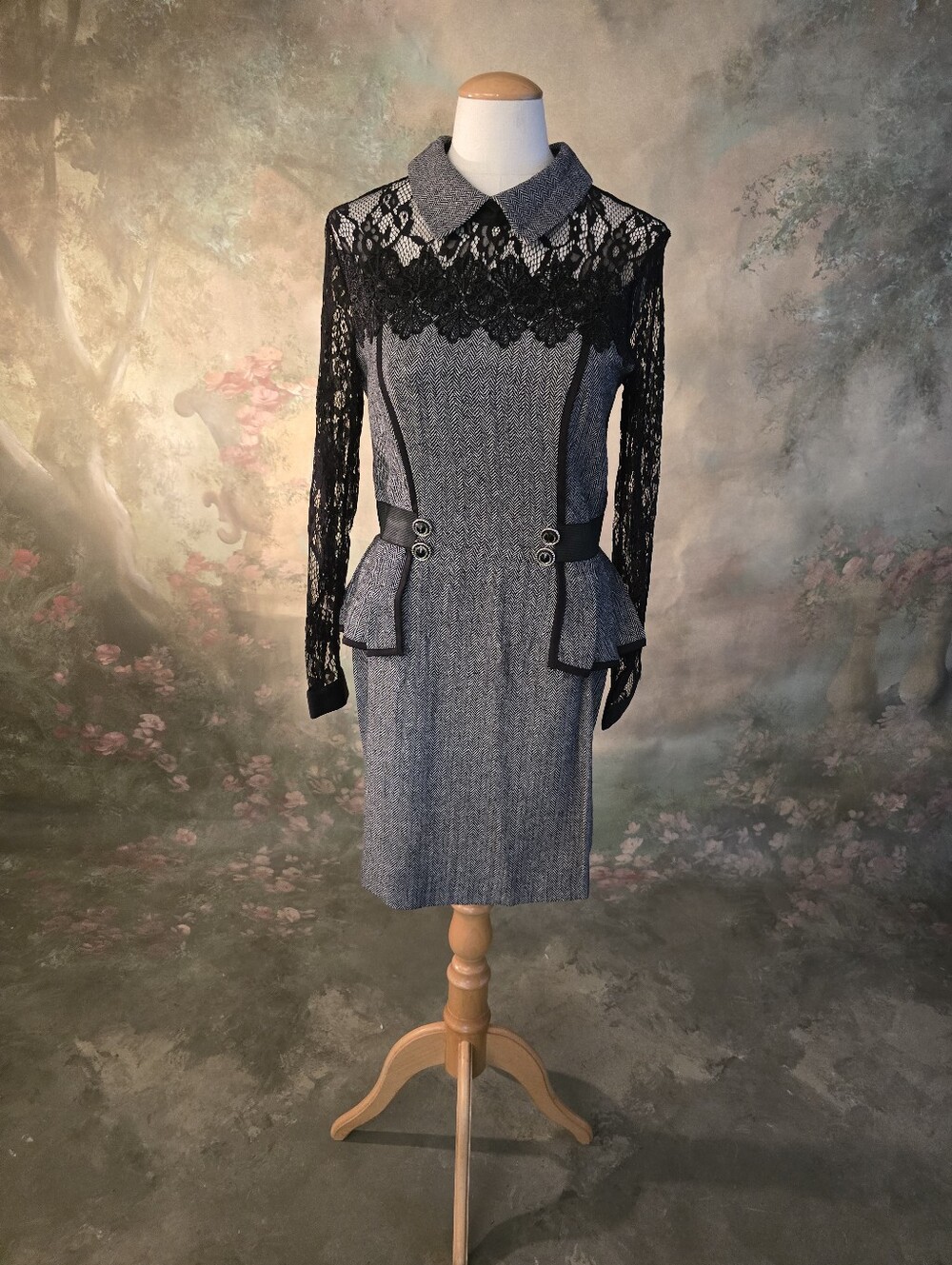 Floryday Vintage Nlack And Grey Peplum Herringbone And Lace Dress S